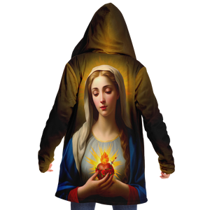 back view of mock-up image of woman wearing Immaculate Heart of Mary Microfleece Cloak