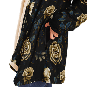 side-waist view of mock-up image of woman wearing Golden Rose Luxe Microfleece Cloak 