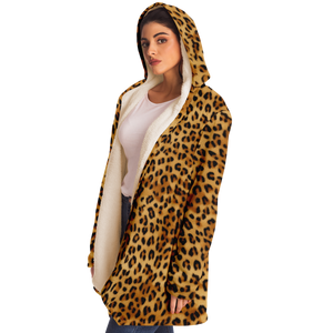 left view of mock-up image of woman wearing Leopard Skin Microfleece Cloak