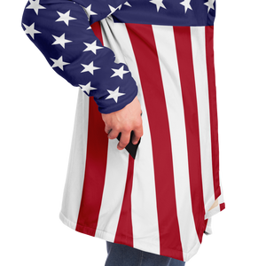 side-waist view of mock-up image of man wearing Stars and Stripes Microfleece Cloak 